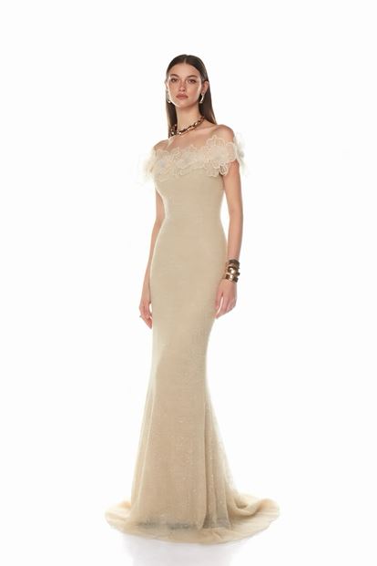 Gold Çiçek Nakışlı Payetli Abiye Elbise